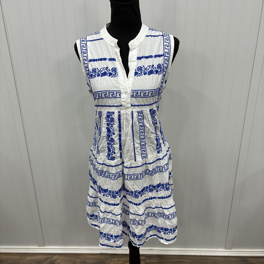 Me 2 Magic Dress Women's XL White Blue Embroidered Greek Key Tiered Sleeveless